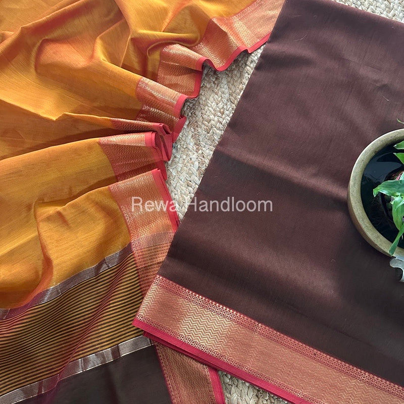 Maheshwari Brown-Mustard Yellow Zari Border Dress Material BRD025