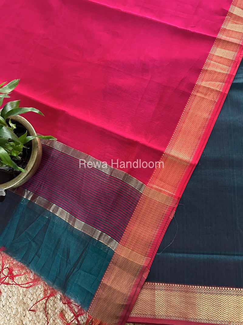 Maheshwari Rama Green-Rani Pink Zari Border Dress Material BRD031