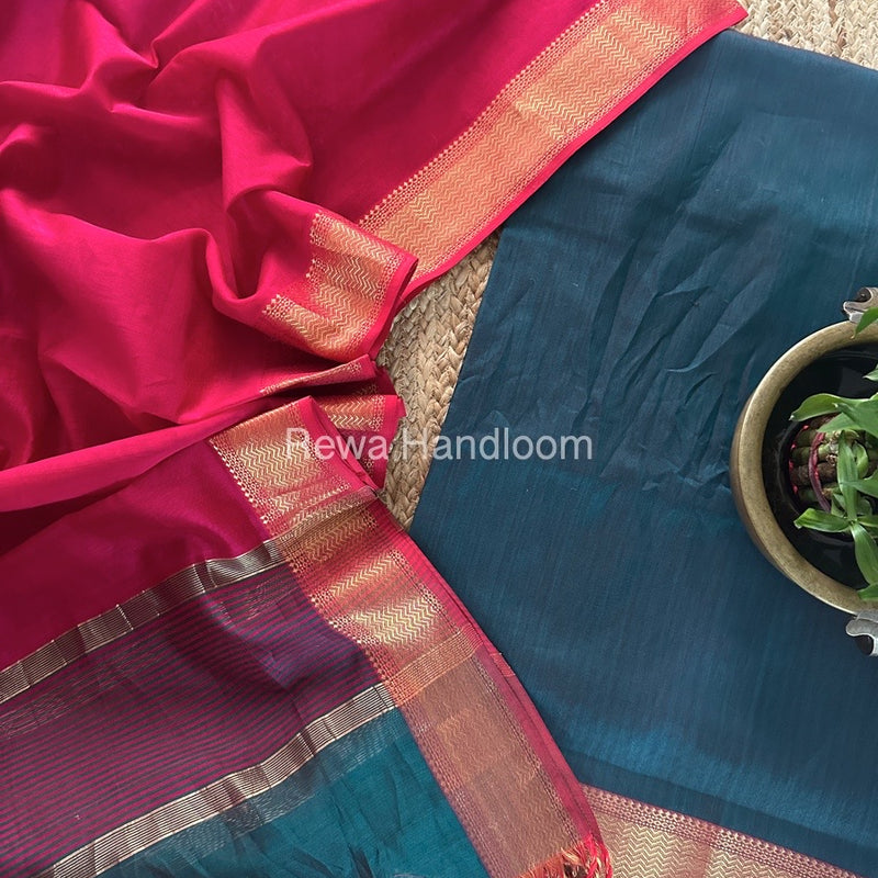 Maheshwari Rama Green-Rani Pink Zari Border Dress Material BRD031