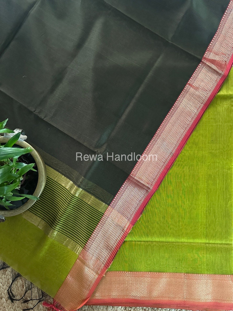 Maheshwari Mehendi Green-Dark Green Zari Border Dress Material BRD028