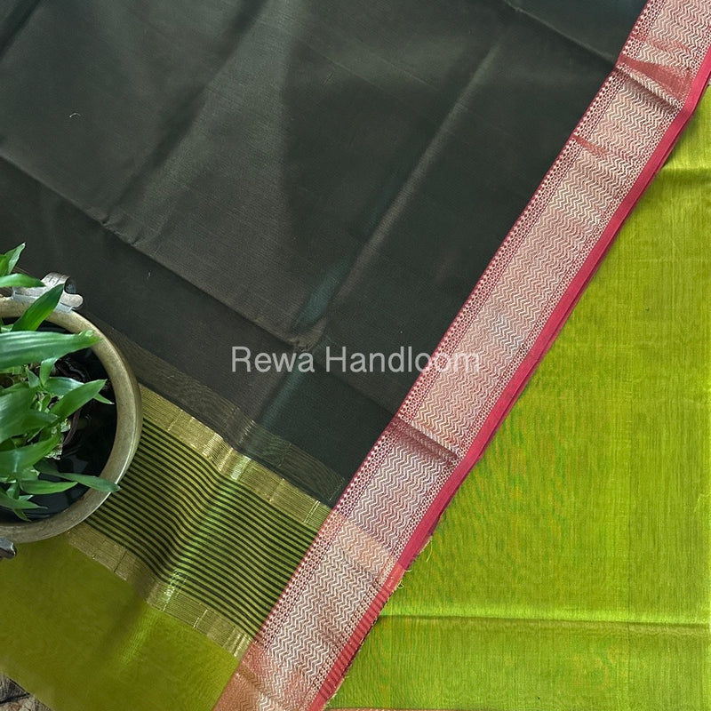 Maheshwari Mehendi Green-Dark Green Zari Border Dress Material BRD028