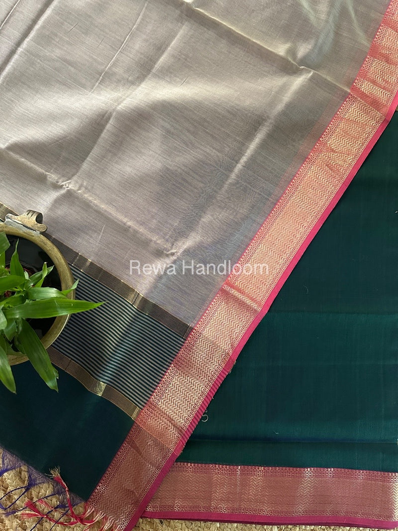 Maheshwari Green-Beige Zari Border Dress Material BRD027