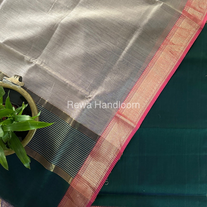 Maheshwari Green-Beige Zari Border Dress Material BRD027