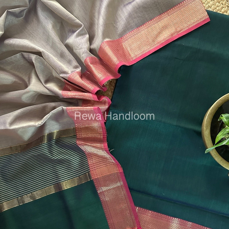 Maheshwari Green-Beige Zari Border Dress Material BRD027