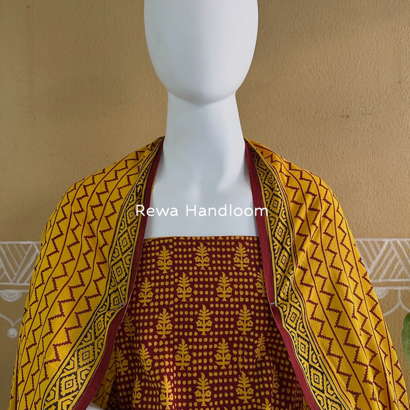 Maroon-Yellow Bagh Print Cotton Suit BGCSJ098