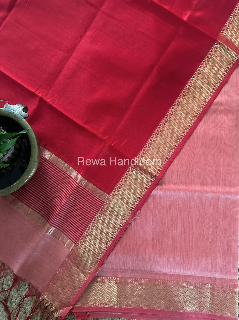 Maheshwari Peach-Red Zari Border Dress Material BRD026