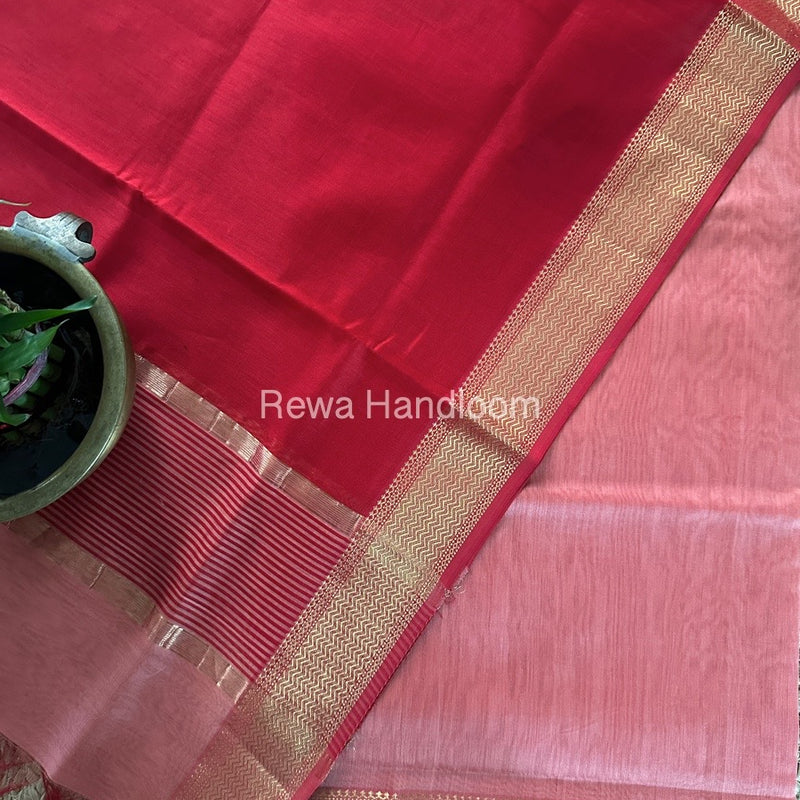 Maheshwari Peach-Red Zari Border Dress Material BRD026