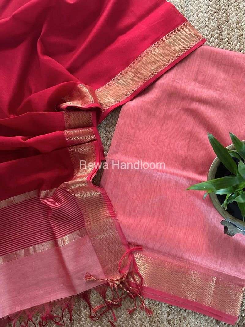 Maheshwari Peach-Red Zari Border Dress Material BRD026