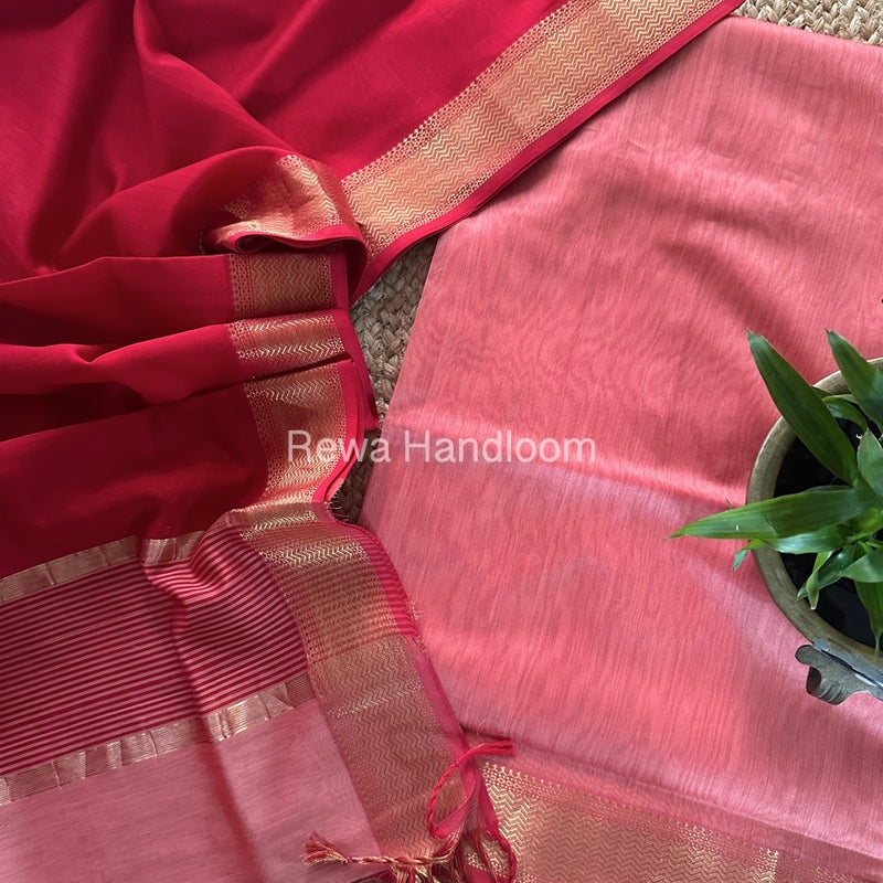 Maheshwari Peach-Red Zari Border Dress Material BRD026
