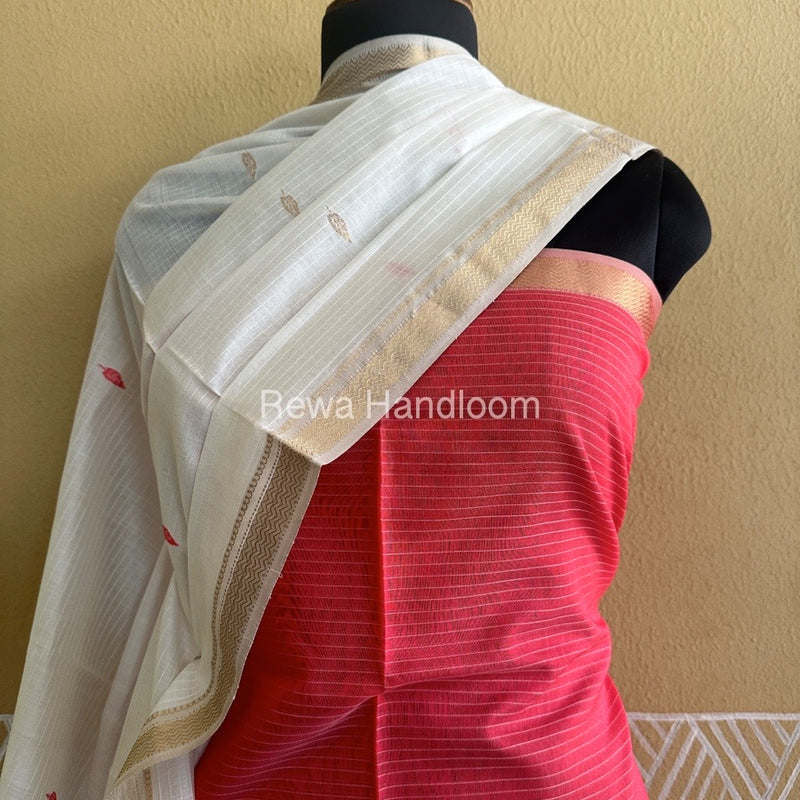 Maheshwari Fuchsia Red-White Peacock Buta-Buti Top-Dupatta Set-BTP011