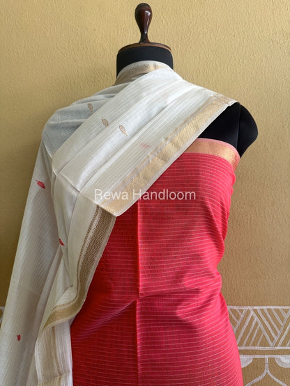 Maheshwari Fuchsia Red-White Peacock Buta-Buti Top-Dupatta Set-BTP011