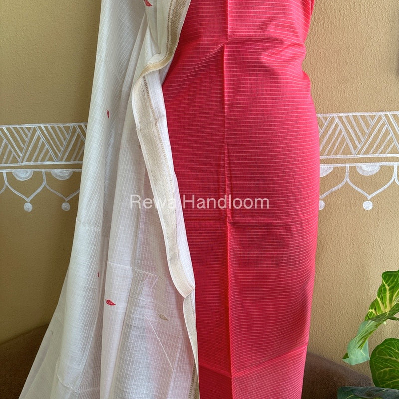 Maheshwari Fuchsia Red-White Peacock Buta-Buti Top-Dupatta Set-BTP011