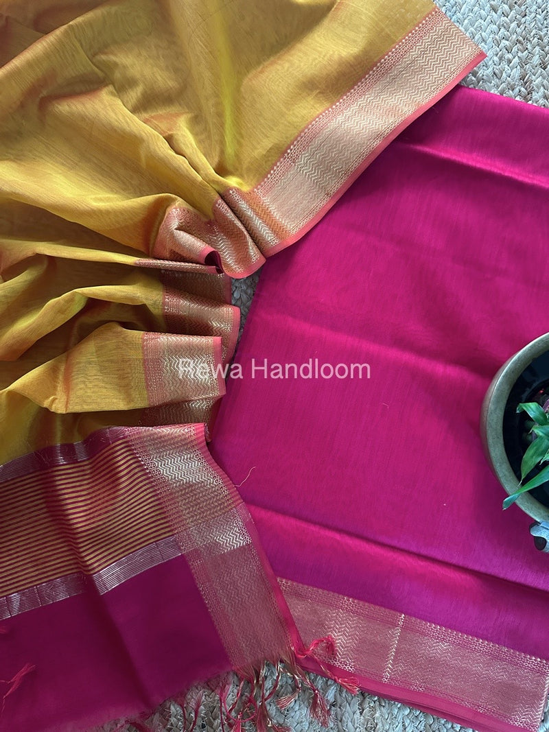 Maheshwari Rani Pink-Mustard Yellow Zari Border Dress Material BRD024