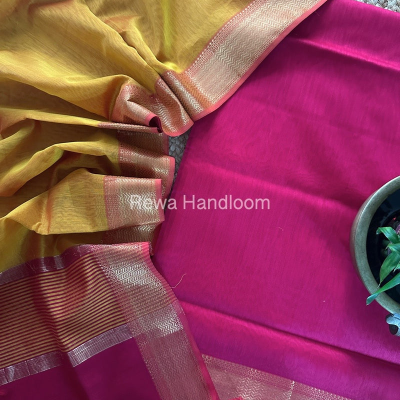 Maheshwari Rani Pink-Mustard Yellow Zari Border Dress Material BRD024