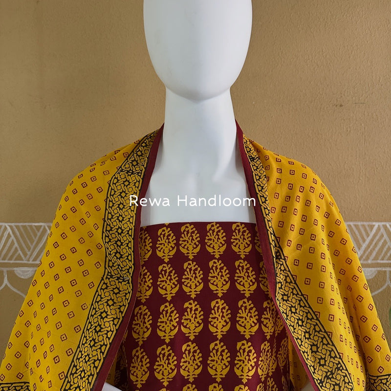 Maroon-Yellow Bagh Print Cotton Suit BGCSJ0120