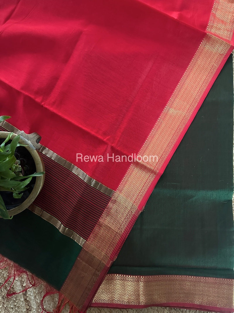 Maheshwari Green-Red Zari Border Dress Material BRD037