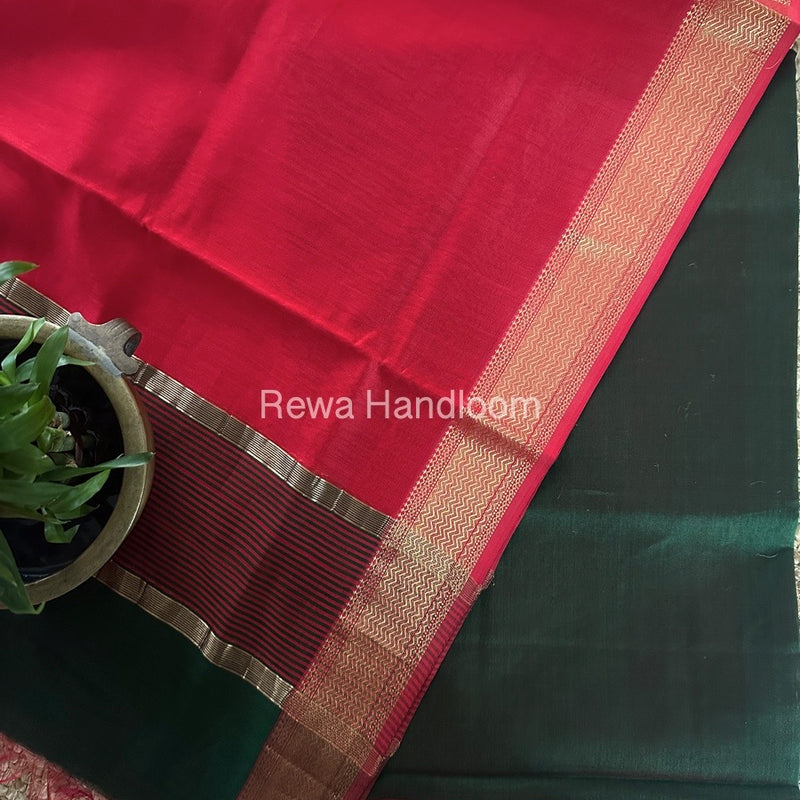 Maheshwari Green-Red Zari Border Dress Material BRD037
