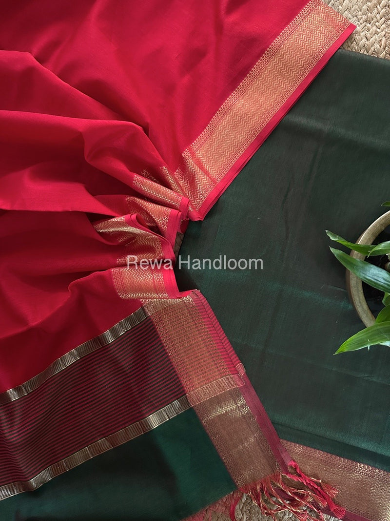Maheshwari Green-Red Zari Border Dress Material BRD037