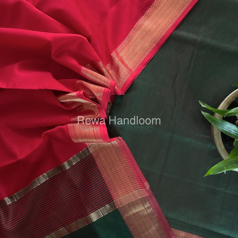 Maheshwari Green-Red Zari Border Dress Material BRD037