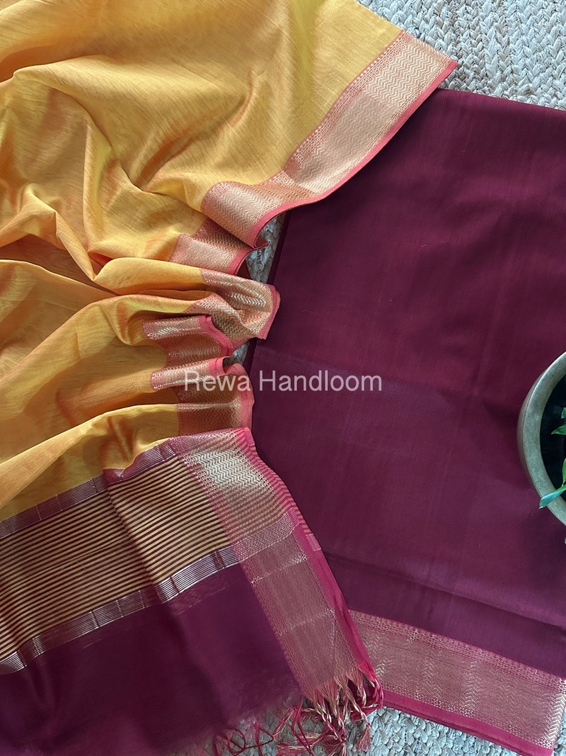 Maheshwari Maroon-Yellow Zari Border Dress Material BRD039