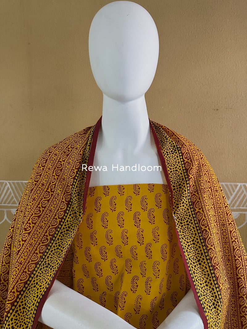 Yellow-Maroon Bagh Print Cotton Suit BGCSJ0109