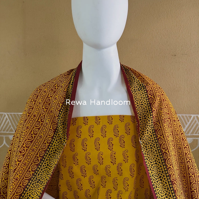Yellow-Maroon Bagh Print Cotton Suit BGCSJ0109