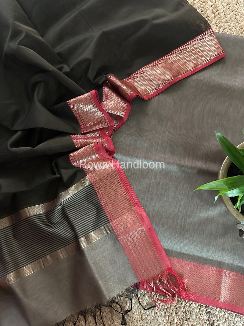 Maheshwari Beige-Dark Green Zari Border Dress Material BRD034