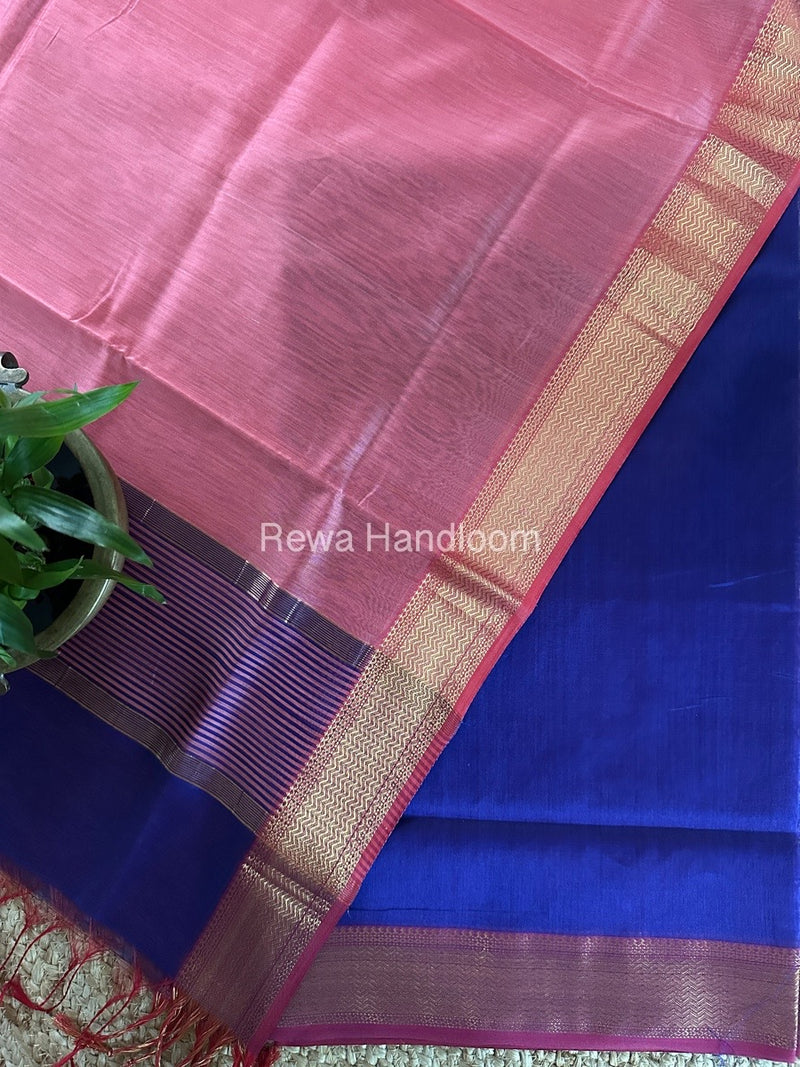 Maheshwari Dark Blue-Pink Zari Border Dress Material BRD035