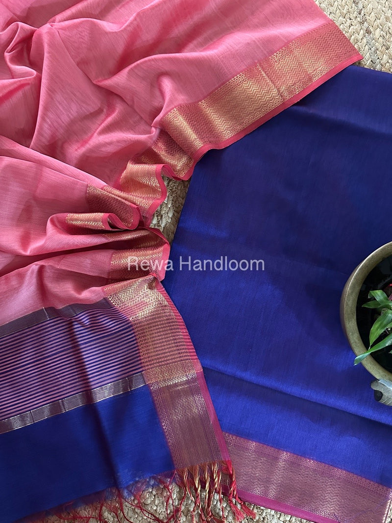 Maheshwari Dark Blue-Pink Zari Border Dress Material BRD035