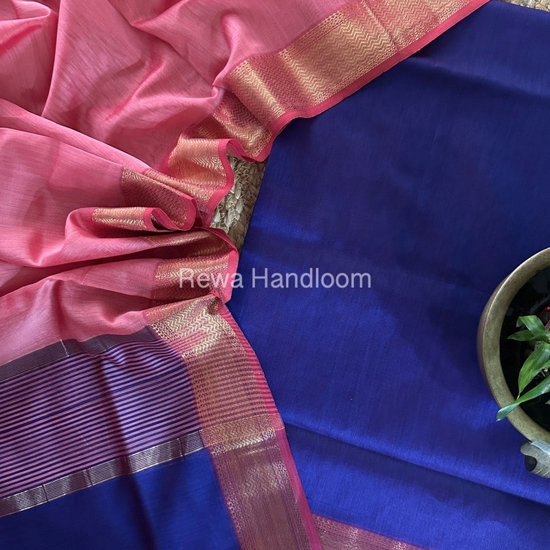 Maheshwari Dark Blue-Pink Zari Border Dress Material BRD035