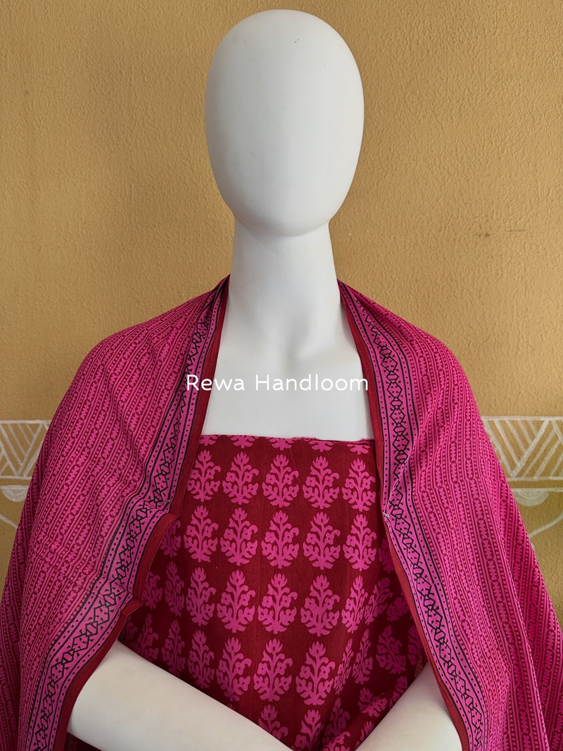 Maroon-Fuchsia Pink Bagh Print Cotton Suit BGCSJ088