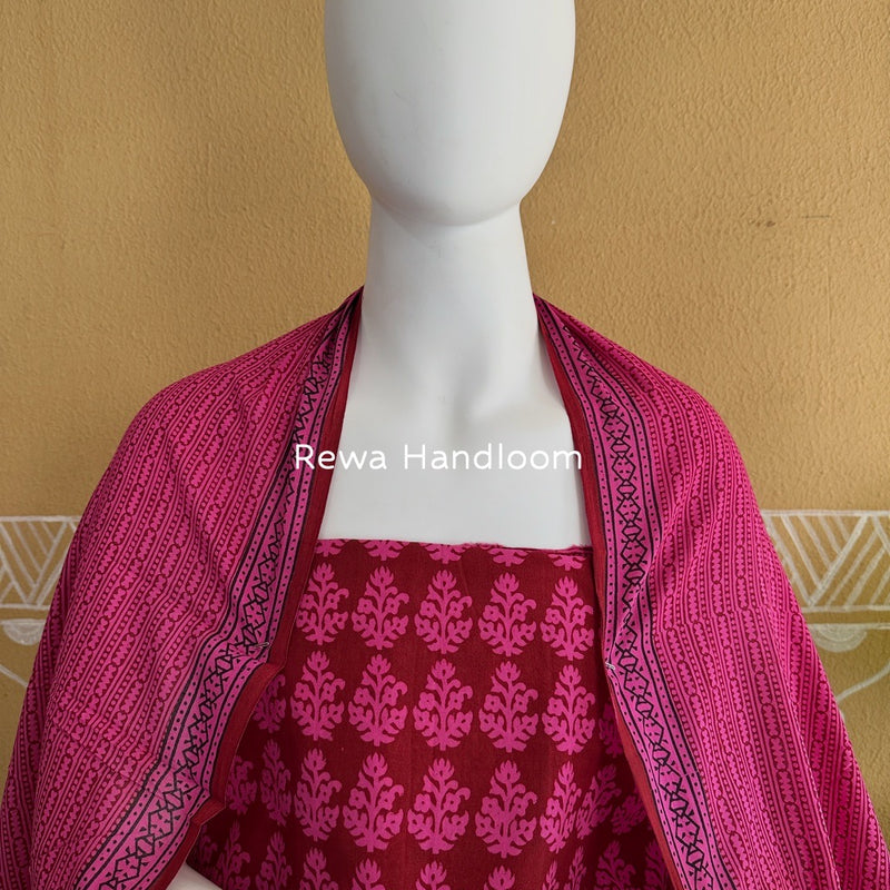 Maroon-Fuchsia Pink Bagh Print Cotton Suit BGCSJ088