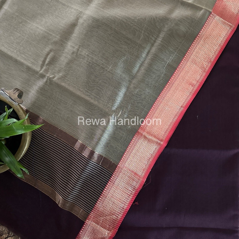 Maheshwari Wine-Beige Zari Border Dress Material BRD036