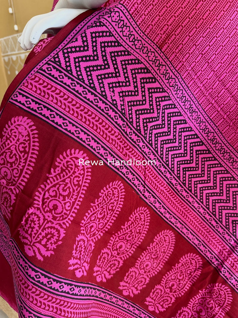 Maroon-Fuchsia Pink Bagh Print Cotton Suit BGCSJ088