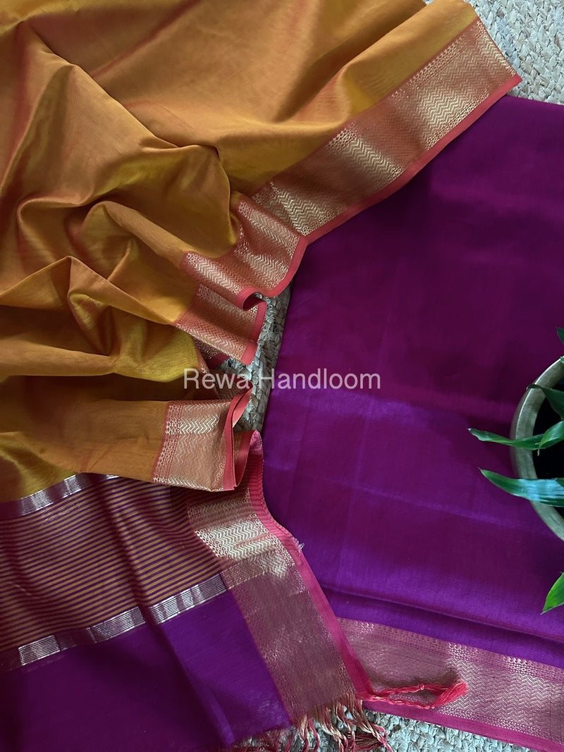 Maheshwari Magenta-Mustard Yellow Zari Border Dress Material BRD038