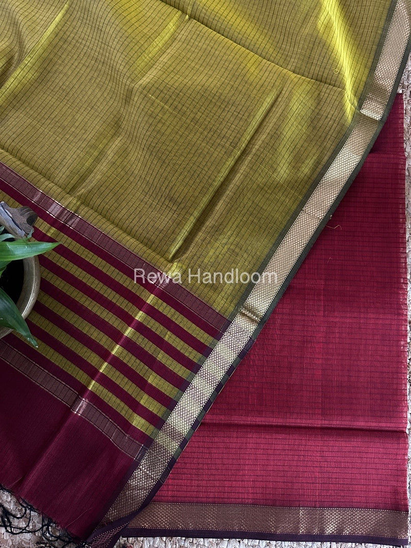 Maheshwari Maroon-Mustard Yellow Zari Border Dress Material MSBS06