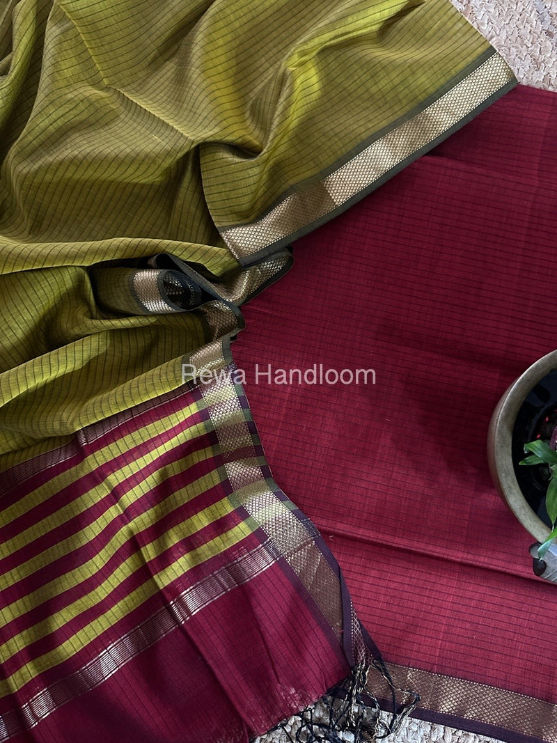 Maheshwari Maroon-Mustard Yellow Zari Border Dress Material MSBS06