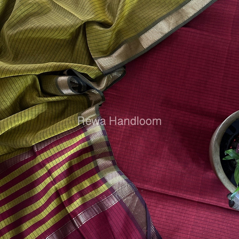 Maheshwari Maroon-Mustard Yellow Zari Border Dress Material MSBS06