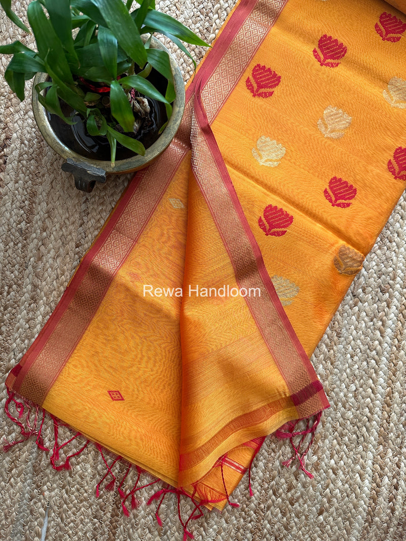 Maheshwari Golden Yellow Lotus Butta Saree LBS099