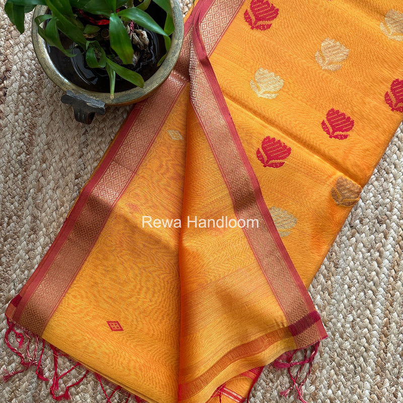 Maheshwari Golden Yellow Lotus Butta Saree LBS099