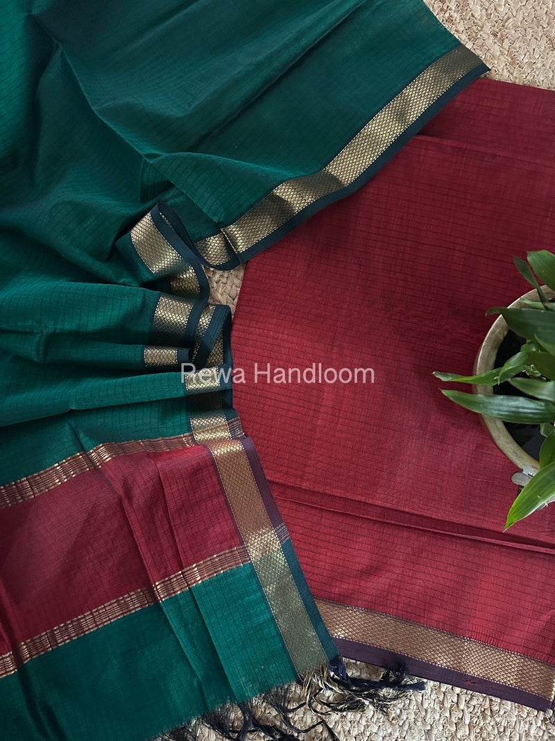 Maheshwari Red-Green Zari Border Dress Material MSBS01