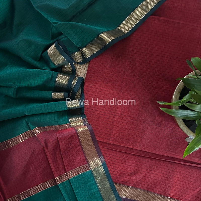 Maheshwari Red-Green Zari Border Dress Material MSBS01