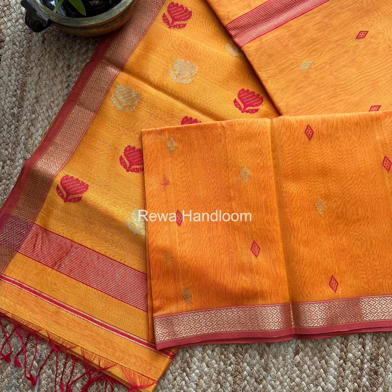 Maheshwari Golden Yellow Lotus Butta Saree LBS099