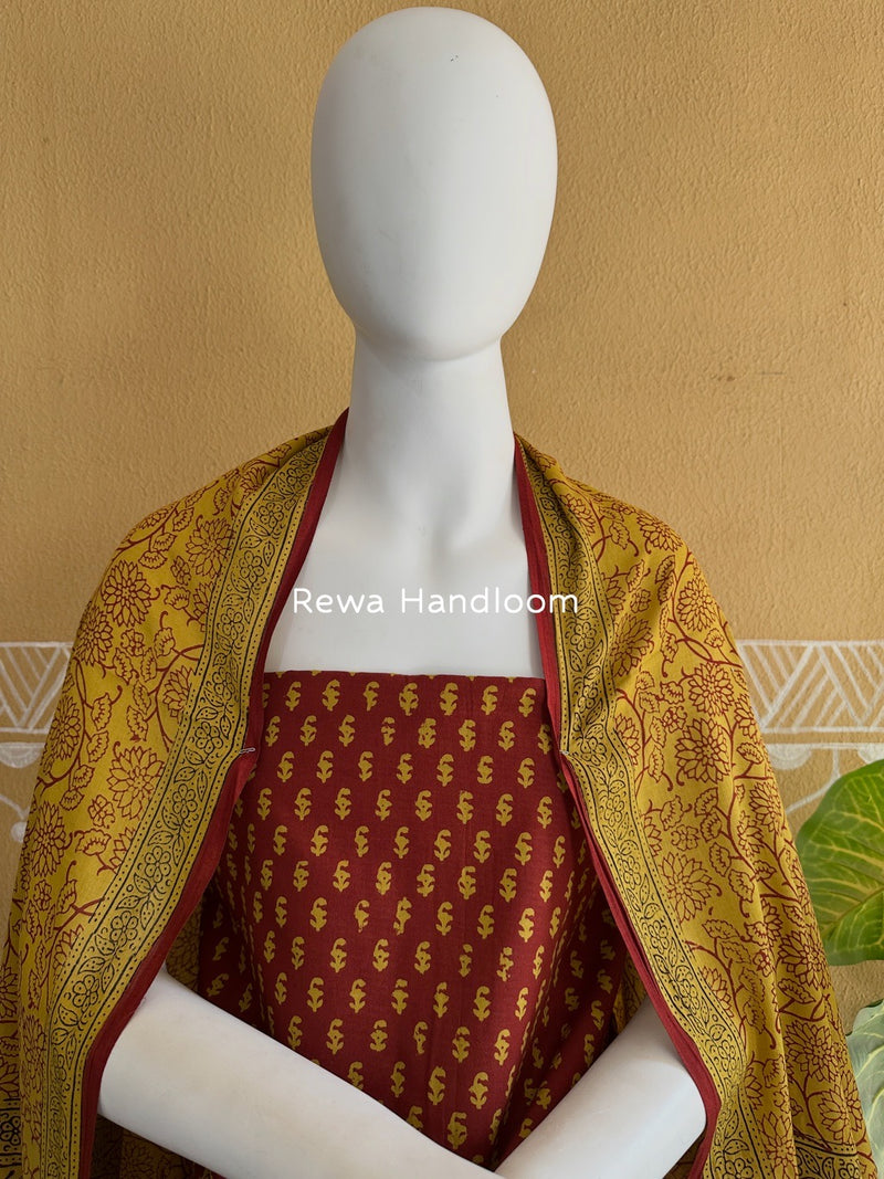 Maroon-Mehendi Green Bagh Print Cotton Suit BGCSJ0112