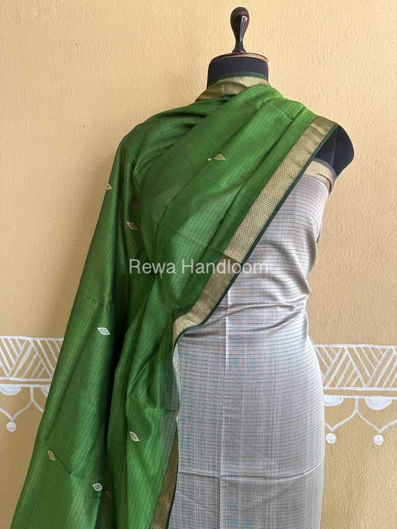Maheshwari Tussar-Mehendi Green Peacock Buta-Buti Top-Dupatta Set BTP0200