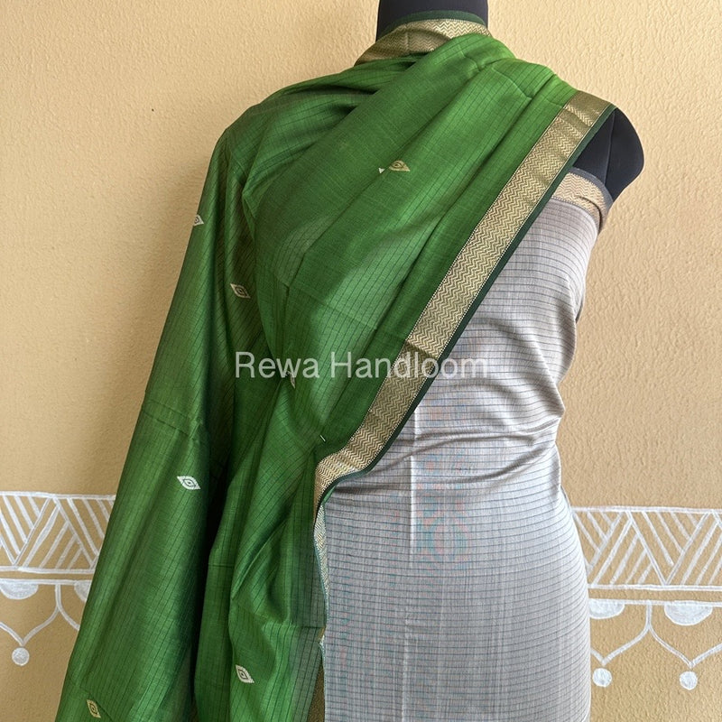 Maheshwari Tussar-Mehendi Green Peacock Buta-Buti Top-Dupatta Set BTP0200