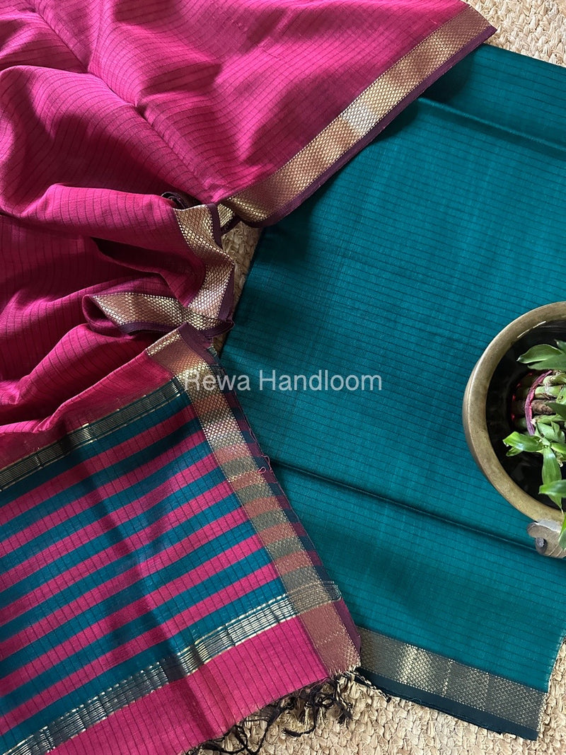 Maheshwari Rama Green-Rani Pink Zari Border Dress Material MSBS02