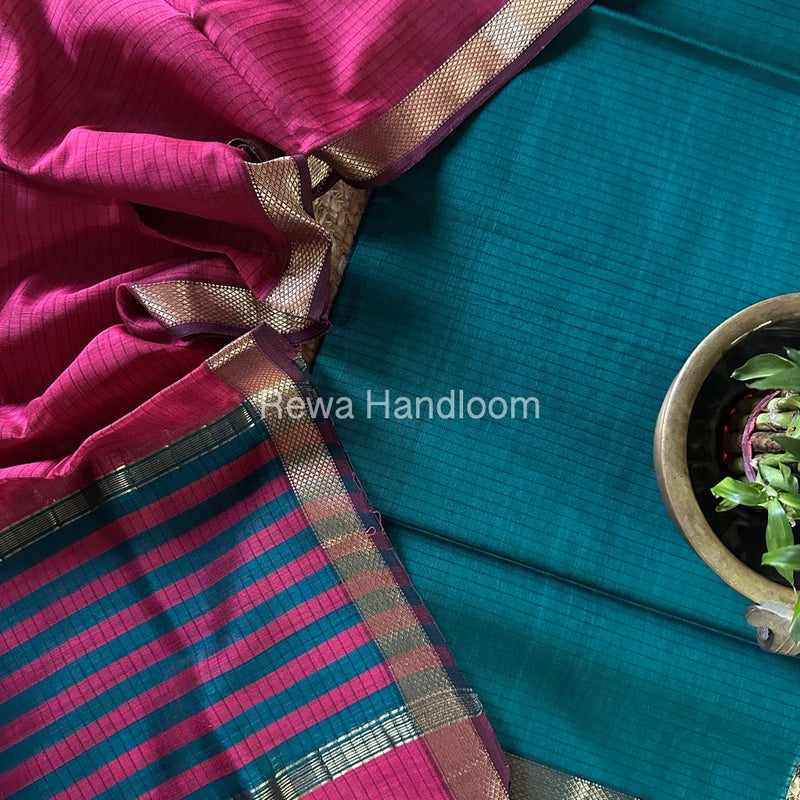 Maheshwari Rama Green-Rani Pink Zari Border Dress Material MSBS02