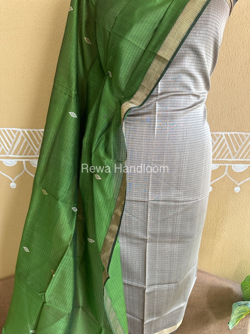 Maheshwari Tussar-Mehendi Green Peacock Buta-Buti Top-Dupatta Set BTP0200