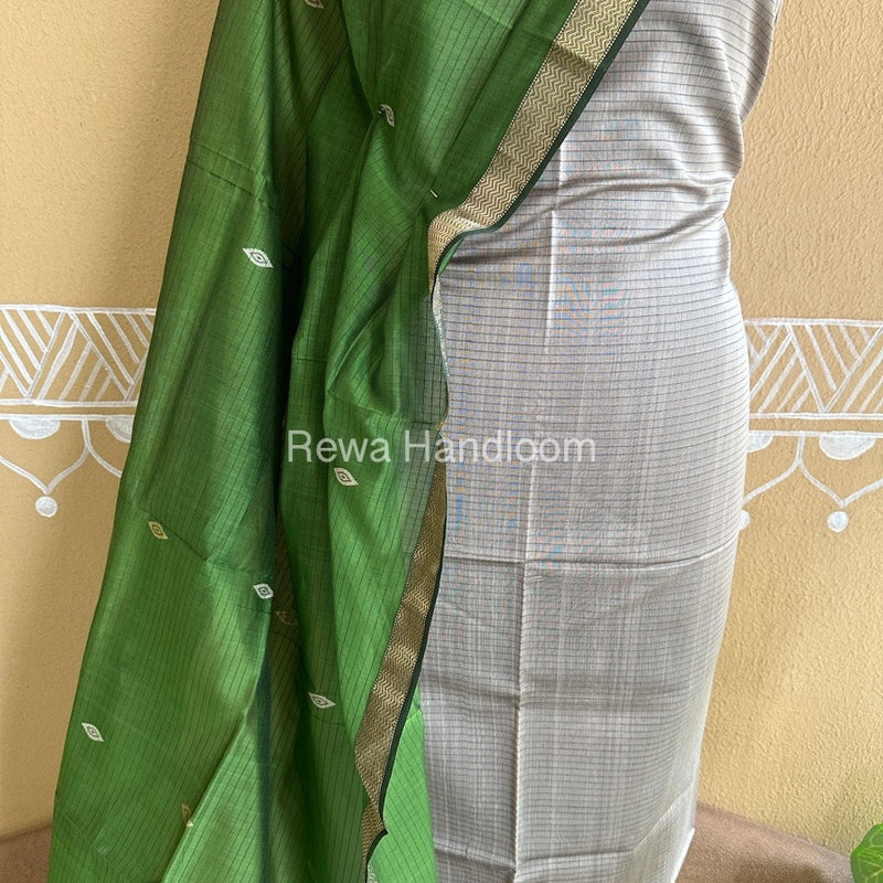 Maheshwari Tussar-Mehendi Green Peacock Buta-Buti Top-Dupatta Set BTP0200